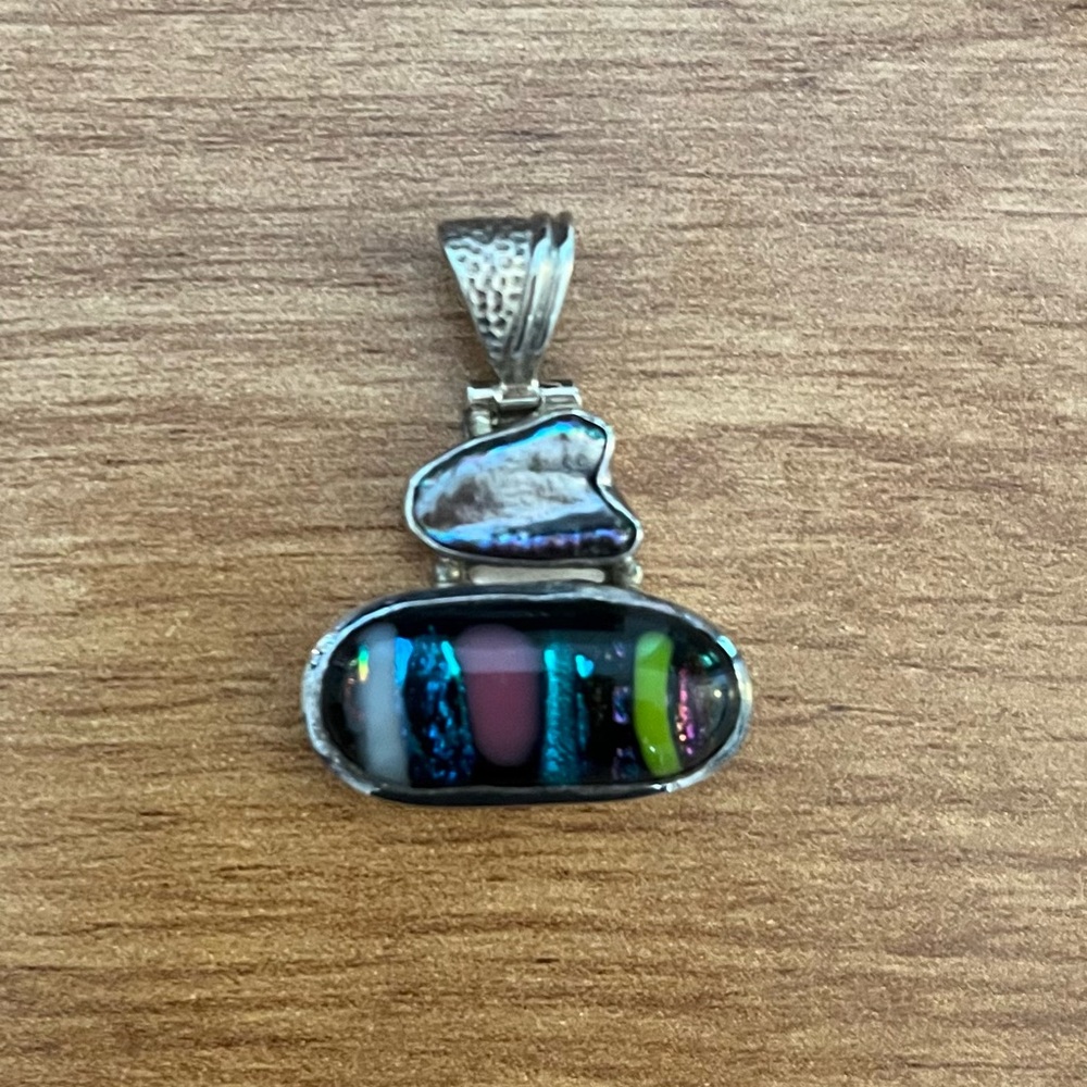 925 Vintage Multicolor Dichroic Glass & Mother of Pearl Pendant